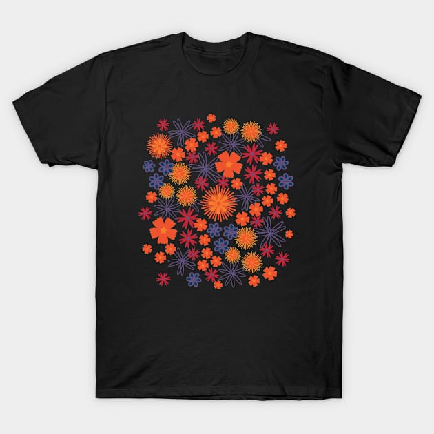 SECRET GARDEN Floral Botanical Cottage Garden Flowers in Dramatic Moody Purple Red Orange - UnBlink Studio by Jackie Tahara T-Shirt by UnBlink Studio by Jackie Tahara